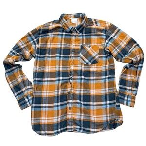 Columbia Mens M Flannel Orange Blue Outdoors Hiking Camping Button Up Collared